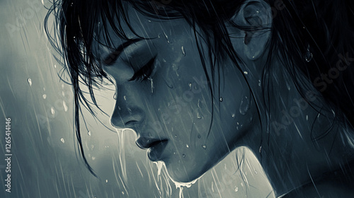 Melancholic depiction of a woman standing in rainfall with closed eyes photo