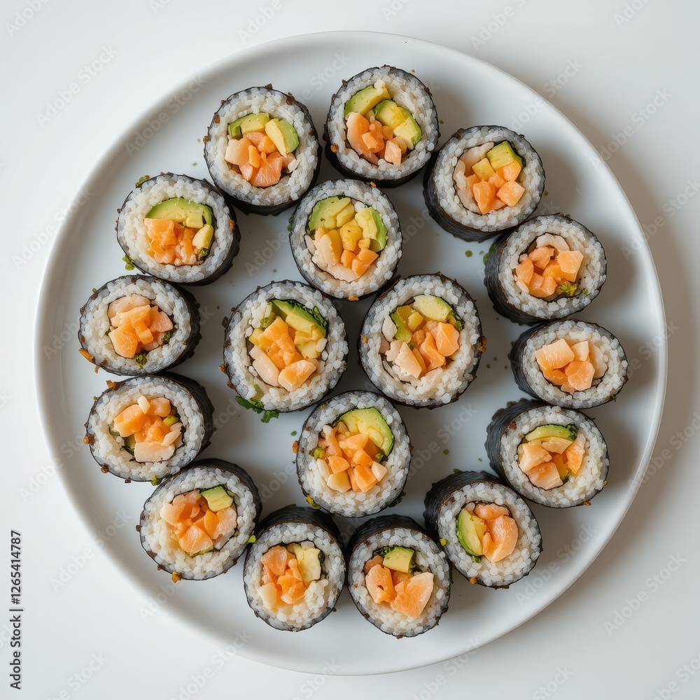 Plated Sushi Rolls with Salmon and Avocado, Fresh Japanese Cuisine with Nori and Rice Plated Sushi Rolls with Salmon and Avocado, Fresh Japanese Cuisine with Nori and Rice