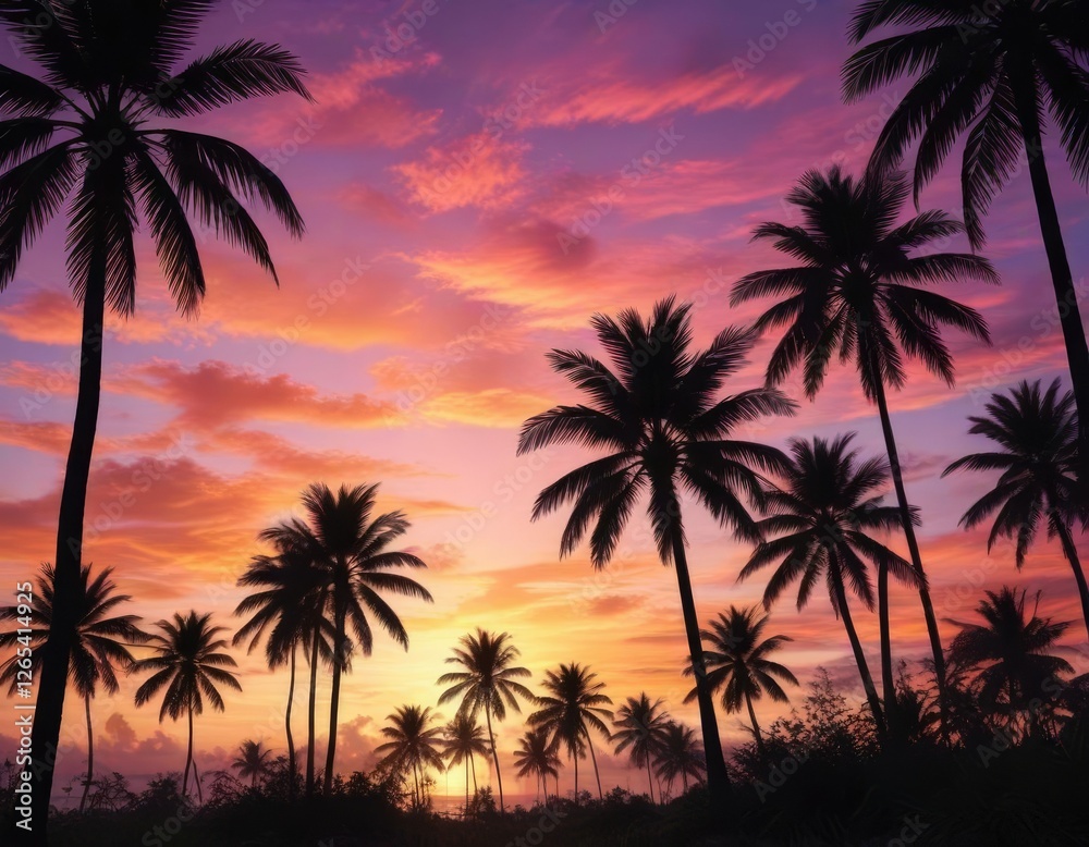 Tropical palms silhouetted against colorful sky, palms, tropical, colorful