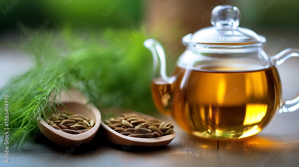 Herbal infusion still life, a clear teapot and aromatic fennel seeds Herbal infusion still life, a clear teapot and aromatic fennel seeds