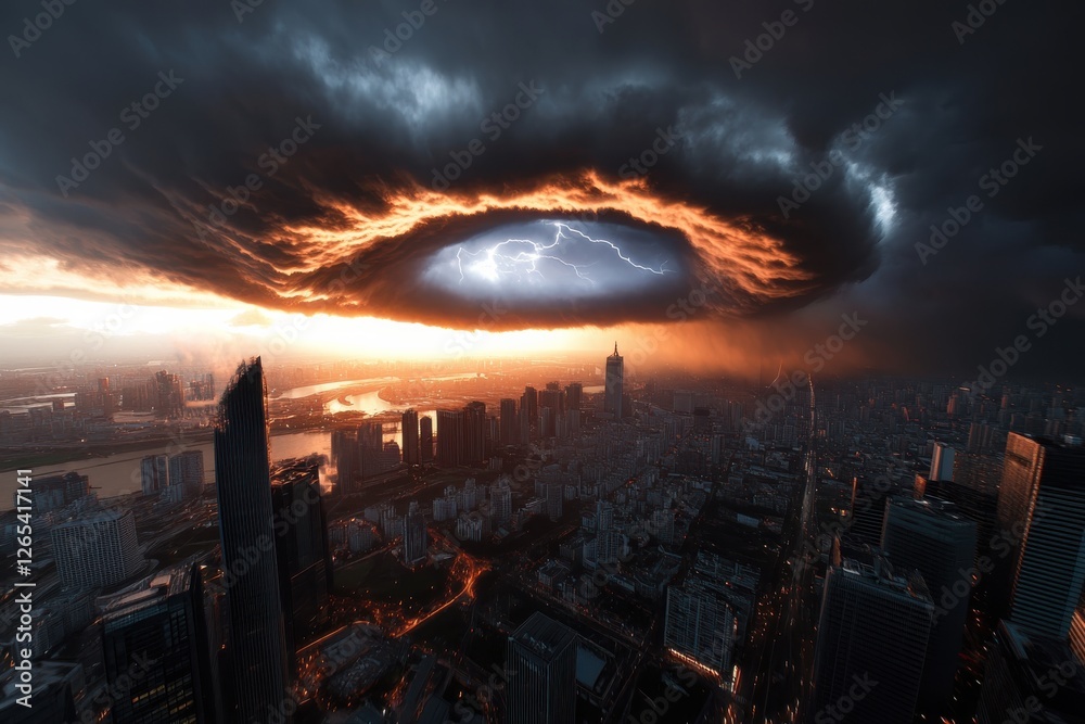 Fototapeta premium A captivating urban panorama as storm clouds swirl ominously, with sporadic lightning illuminating the city below, creating a blend of intrigue and natural beauty.