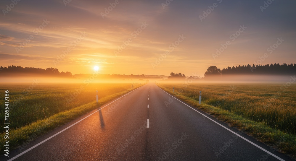 Fototapeta premium Road at Sunrise Through Misty Fields Offering a Scenic Countryside View