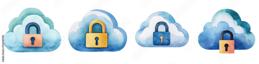 Cloud Security Concept with Lock Symbols in Watercolor Style Cloud Security Concept with Lock Symbols in Watercolor Style