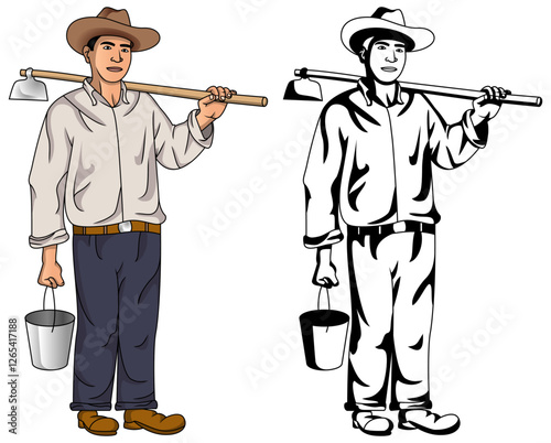 farmer holding hoe and bucket vector
