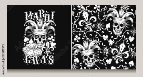 Seamless Mardi Gras pattern with skull in jester hat, beads, card suits icons, trinket, Fleur de Lis sign. Emblem with harlequin skull, traditional food king cake, text. Black and white illustrations