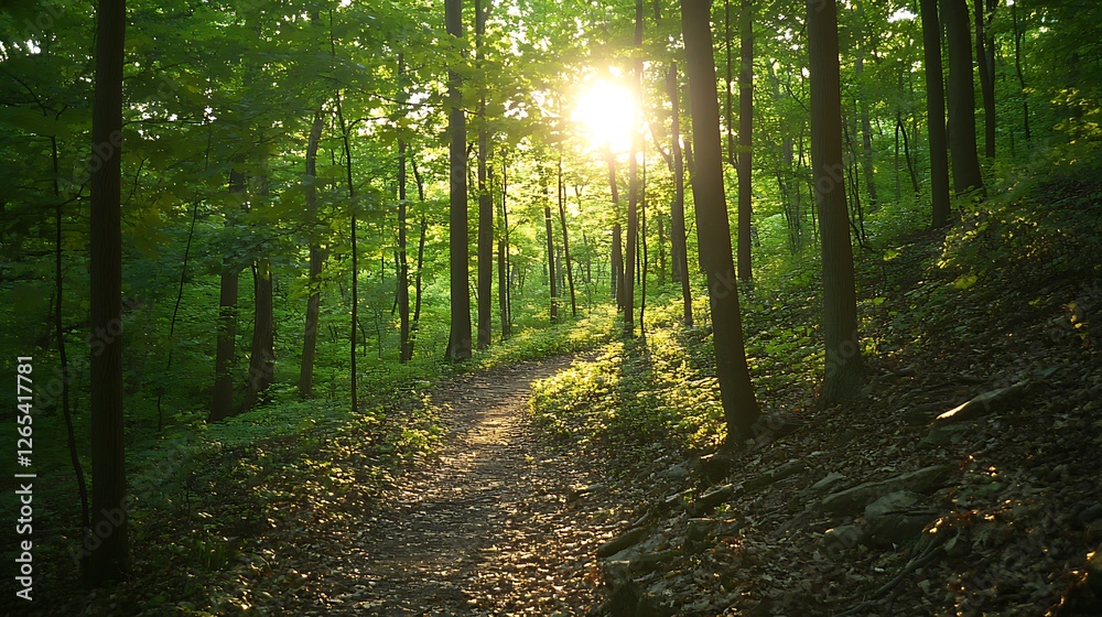 Obraz premium Sunlit Forest Path Winding Through Green Trees
