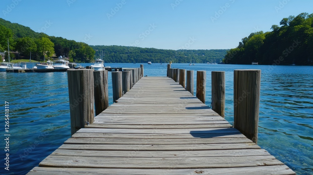 Obraz premium Lakeside wooden pier leading to a tranquil harbor