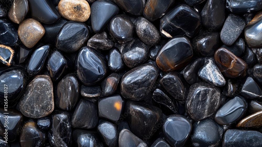 A captivating arrangement of polished black river stones showcasing smooth textures and subtle color variations creating a visually striking background that invites touch and exploration A captivating arrangement of polished black river stones showcasing smooth textures and subtle color variations creating a visually striking background that invites touch and exploration