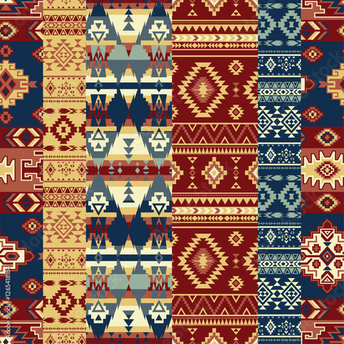 Native American tribal fabric striped patchwork wallpaper vintage vector seamless pattern  for scarf kerchief shirt fabric tablecloth pillow carpet rug