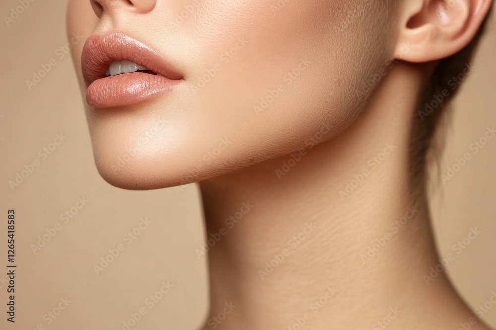 Woman with tender female neck, lips and chin posing isolated over beige studio background, free space. Concept of beauty, natural skin, cosmetics care, spa, plastic, Generative AI Woman with tender female neck, lips and chin posing isolated over beige studio background, free space. Concept of beauty, natural skin, cosmetics care, spa, plastic, Generative AI