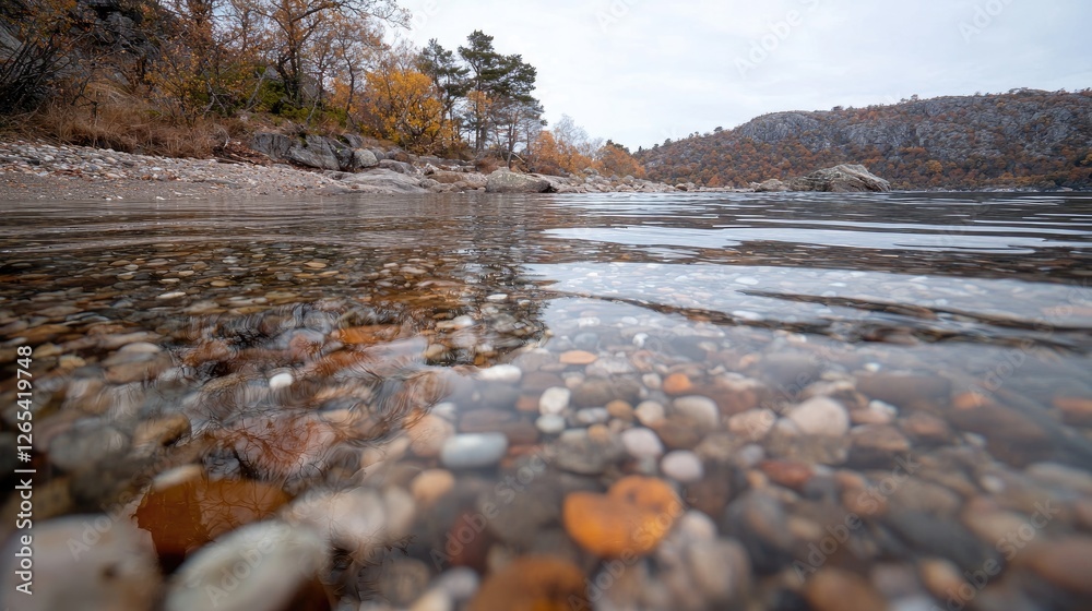 Autumn lake shore, clear water, pebbles, tranquil scene, serene view, tranquil background, possible use for nature poster, desktop background Autumn lake shore, clear water, pebbles, tranquil scene, serene view, tranquil background, possible use for nature poster, desktop background