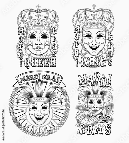 Carnival Mardi Gras labels with masquerade masks, crown, jester harlequin hat, beads, text. Vintage monochrome illustrations on white background. For prints, clothing, t shirt, holiday goods design