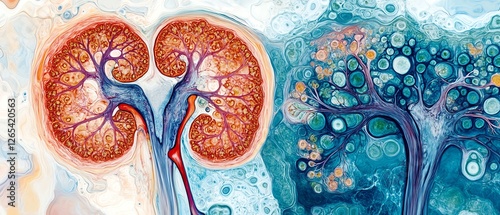 Renal pathology image showing chronic kidney disease effects on kidney tissue, histopathology focus on fibrosis, glomerulosclerosis, tubular changes, kidney function decline