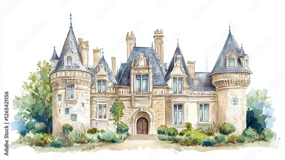 Fototapeta premium A beautiful watercolor illustration of an elegant castle with turrets, surrounded by lush greenery, showcasing classic architectural design.
