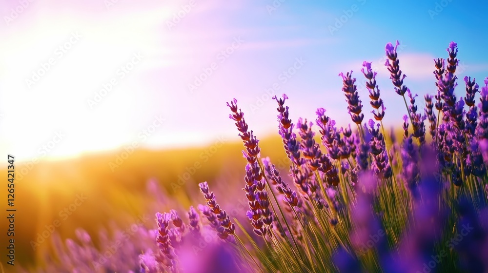 Obraz premium A vibrant field of lavender blooms under a bright sun, creating a serene atmosphere