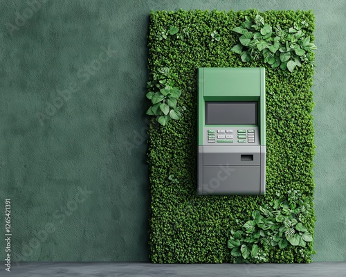 Sustainable banking concept a sleek ATM embedded in a mosscovered wall with floral details photo