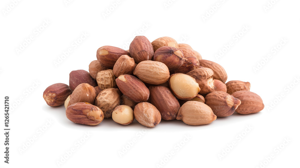 Pile of edible nuts, including some shelled and un-shelled varieties, on a white background, showcasing natural colors and textures. Pile of edible nuts, including some shelled and un-shelled varieties, on a white background, showcasing natural colors and textures.