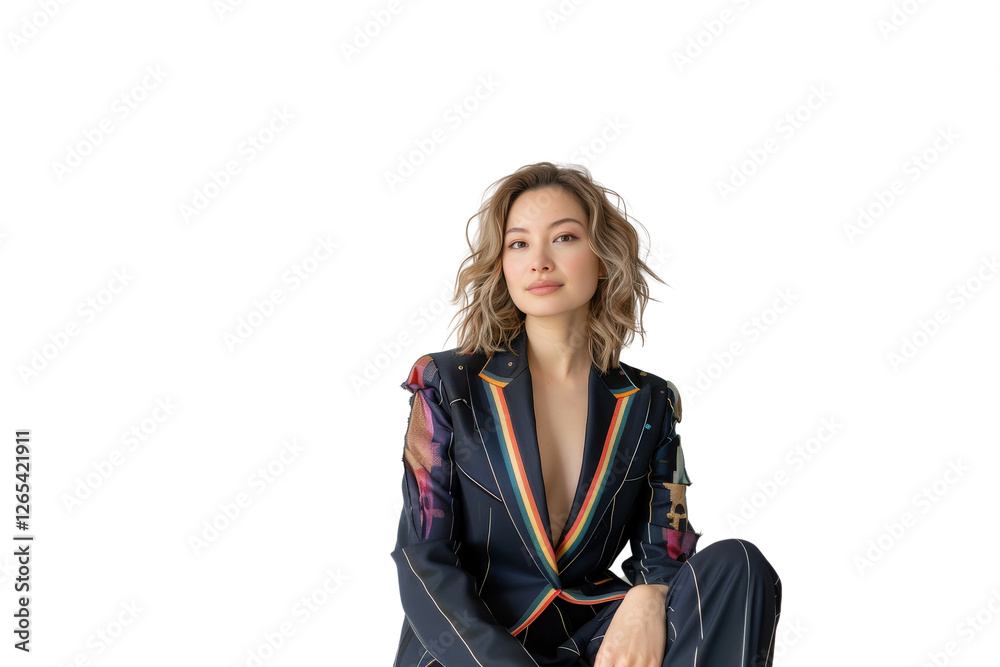 Confident woman in stylish suit with rainbow accents representing pride and individuality in a modern setting