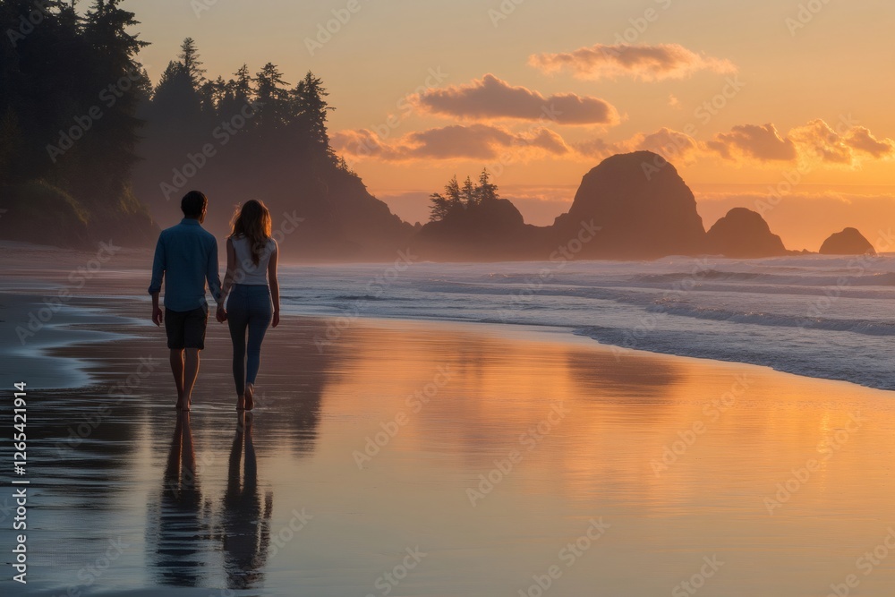 Couple walking on the beach at sunset with beautiful ocean and rock formations Couple walking on the beach at sunset with beautiful ocean and rock formations