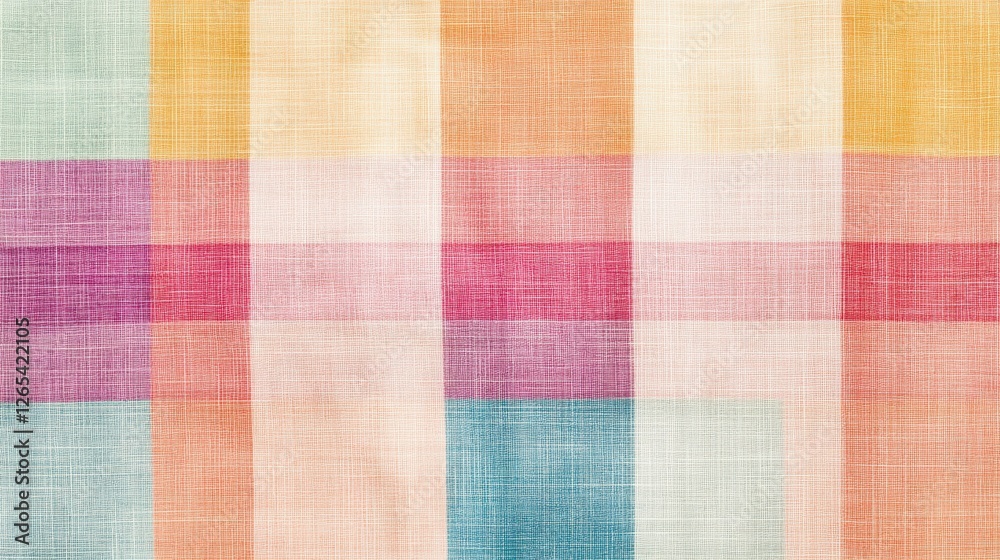 A vibrant, colorful fabric featuring a plaid pattern with horizontal and vertical stripes in pastel shades. A vibrant, colorful fabric featuring a plaid pattern with horizontal and vertical stripes in pastel shades.