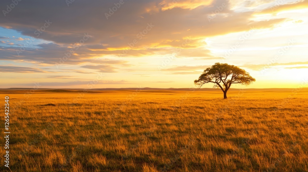 Obraz premium A stunning sunset over a vast golden field, with a solitary tree silhouetted against the vibrant sky. The tranquil scene captures the essence of nature's beauty and serenity.
