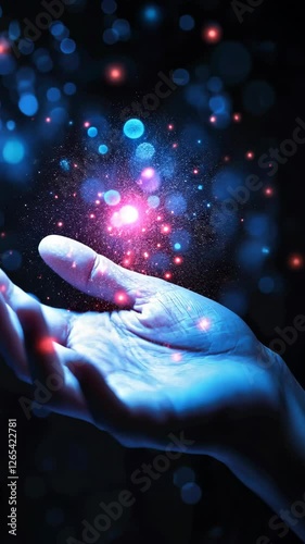 Vivid sparkling particles emerging from an outstretched hand against a dark background conveying a sense of wonder and magic