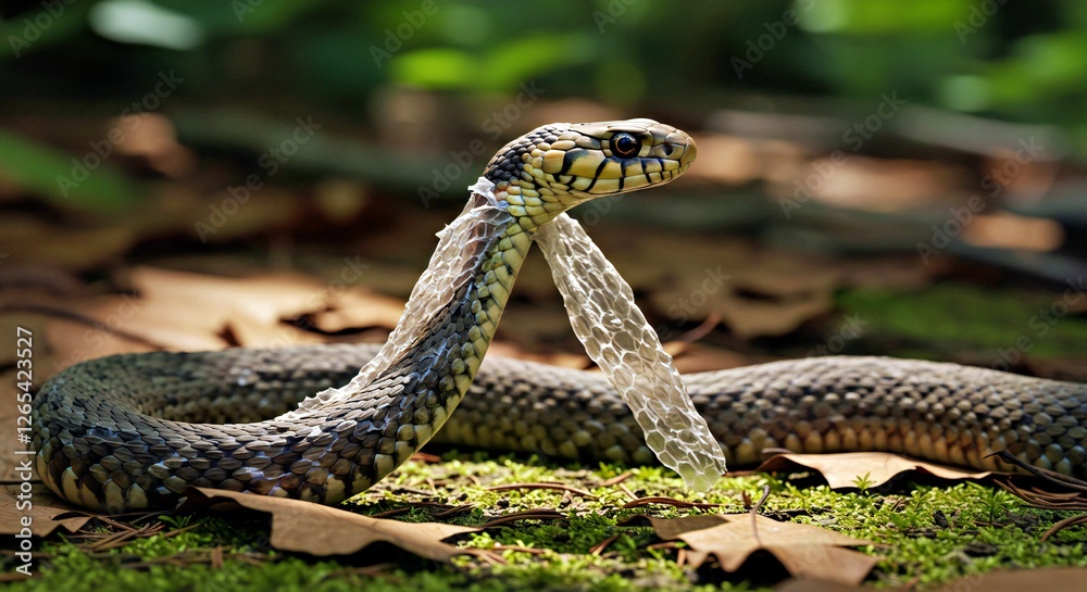 Fototapeta premium A Garter Snake Shedding Its Skin, With Patches of Old Skin Peeling Off