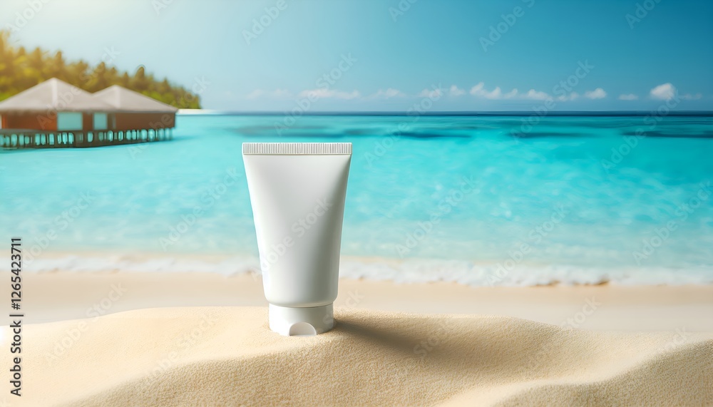 white cream tube standing on the sand of the blue sea white cream tube standing on the sand of the blue sea