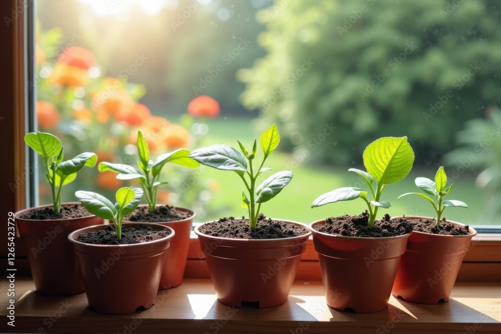 A sunny windowsill with various seedling pots arranged neatly, showing different stages of growth. Outside, a lush garden with trees and flowers adds a beautiful backdrop A sunny windowsill with various seedling pots arranged neatly, showing different stages of growth. Outside, a lush garden with trees and flowers adds a beautiful backdrop