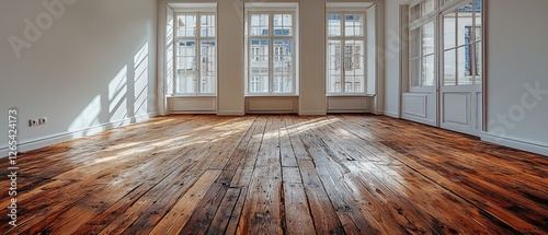 Empty room with hardwood floors and large windows photo