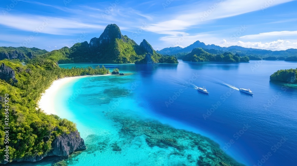 A stunning aerial view of tropical islands with vibrant blue waters and lush green mountains. The serene beach and crystal-clear ocean create a peaceful and idyllic scene. A stunning aerial view of tropical islands with vibrant blue waters and lush green mountains. The serene beach and crystal-clear ocean create a peaceful and idyllic scene.