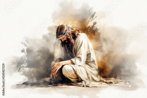 Jesus kneeling in sorrow wearing a crown of thorns. Digital watercolor illustration