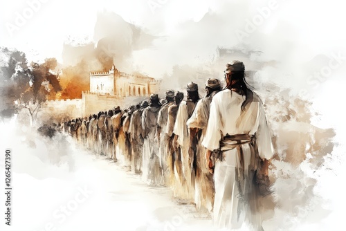 People walking in procession towards an ancient city. Digital watercolor illustration