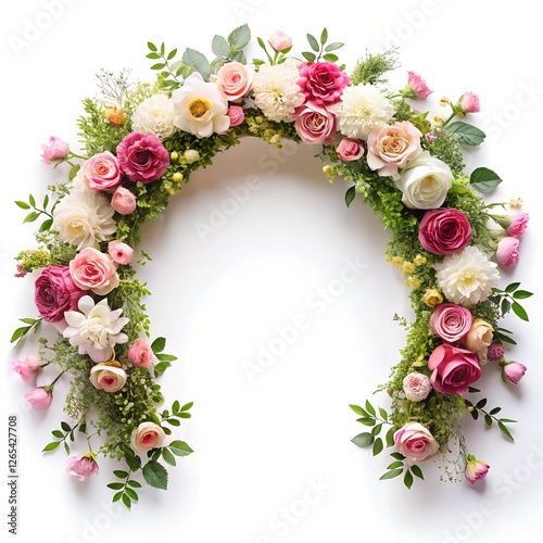 flowers and buds in a floral arch arrangement isolated on white.