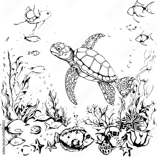 turtle, illustration, vector, animal, art, cartoon, sea, nature, reptile, tortoise, cute, design, pattern, drawing, symbol, shell, fish, water, ocean, wildlife, icon, green, sign, decoration, animals