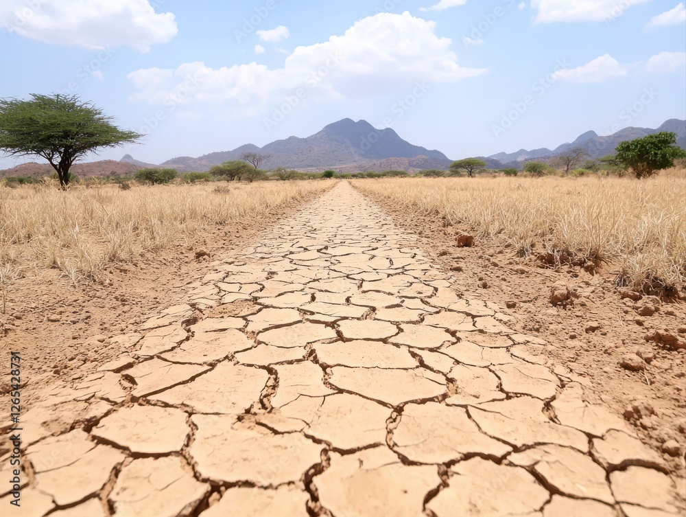A dry, cracked path stretches through a barren landscape, with sparse vegetation and distant mountains under a blue sky. A dry, cracked path stretches through a barren landscape, with sparse vegetation and distant mountains under a blue sky.