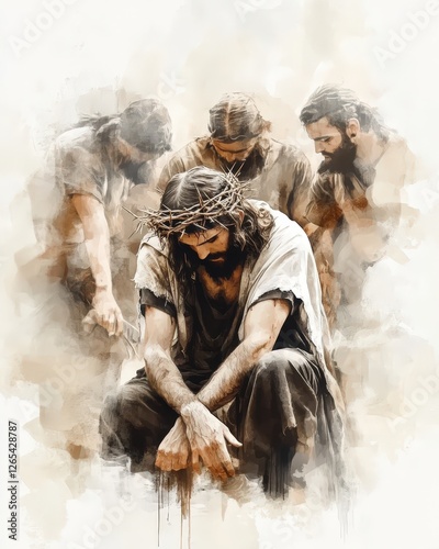 Jesus being mocked while wearing a crown of thorns. Digital watercolor illustration