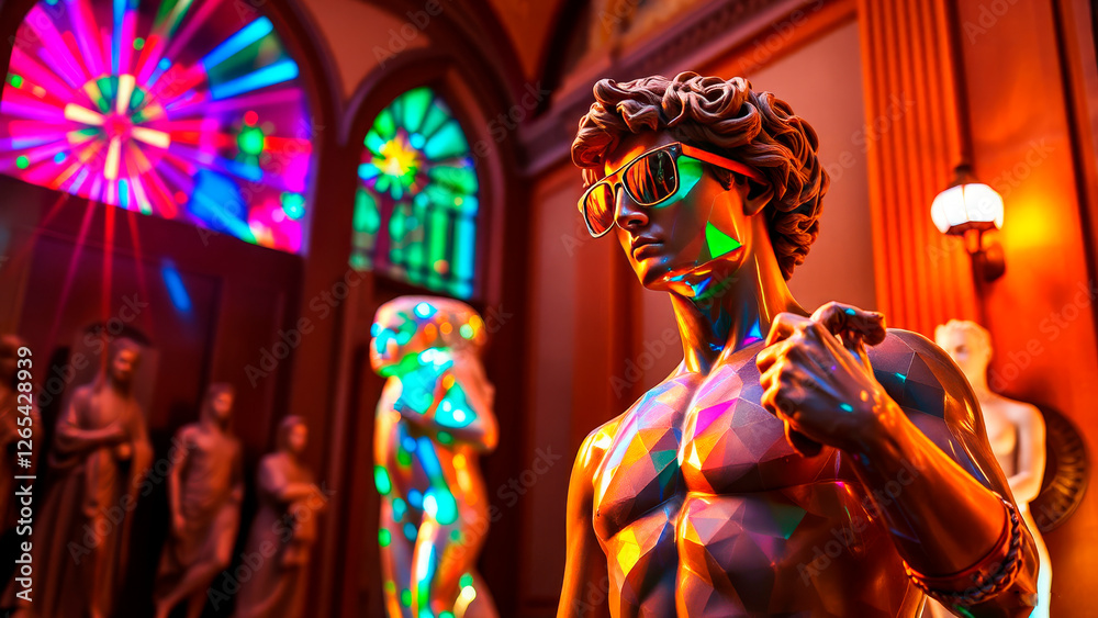 Obraz premium A fashionable concept, a statue of David in sunglasses stands in the hall of a modern museum along with other statues