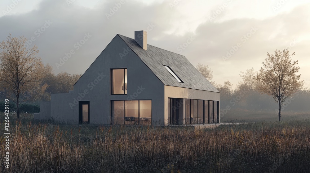 Obraz premium Modern Minimalist House Surrounded by Lush Greenery During Early Morning Light