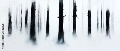 A painting of a forest with trees in the foreground and background