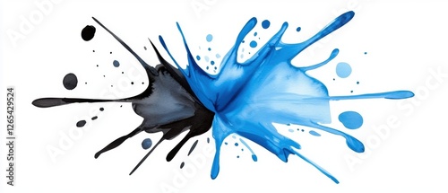 A splash of blue and black paint on a white background