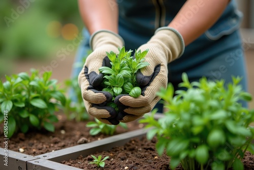 A gardener harvesting fresh herbs from a small raised bed, with gardening gloves on and a basket filled with basil and parsley nearby