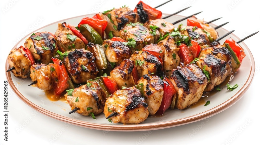 Grilled chicken and peppers skewers on plate Grilled chicken and peppers skewers on plate