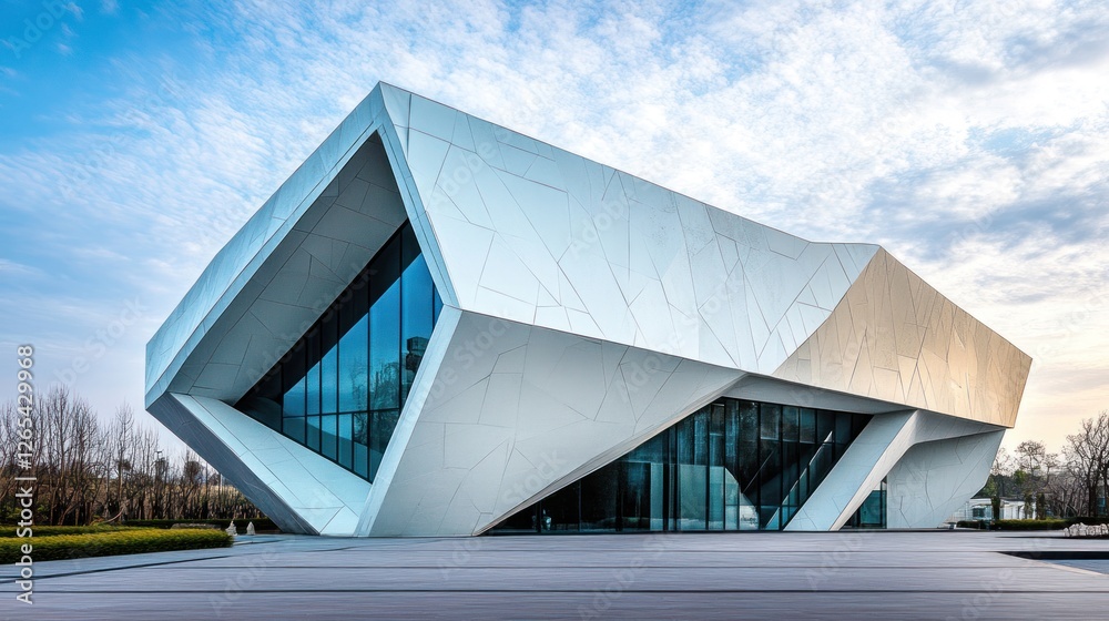 Fototapeta premium Modern building exterior in landscaped park setting under partly cloudy sky