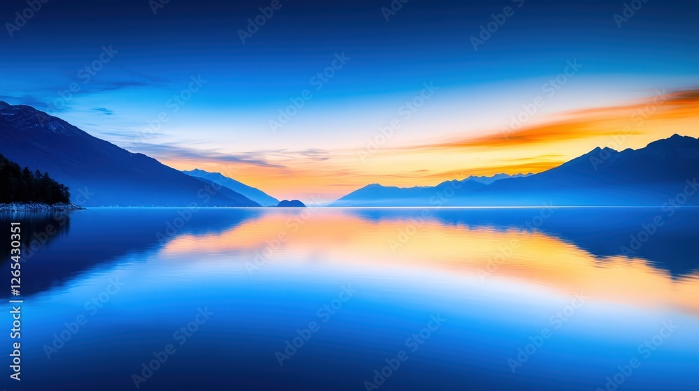 Obraz premium A serene landscape featuring a calm lake reflecting a stunning sunset. The vibrant hues of orange and blue create a peaceful atmosphere, perfect for relaxation and inspiration.