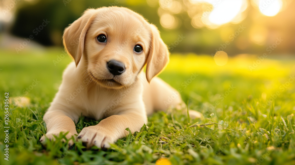 Adorable golden Labrador puppy lying on green grass in a sunlit park, capturing the warmth of nature, pet love, and the innocence of childhood moments
