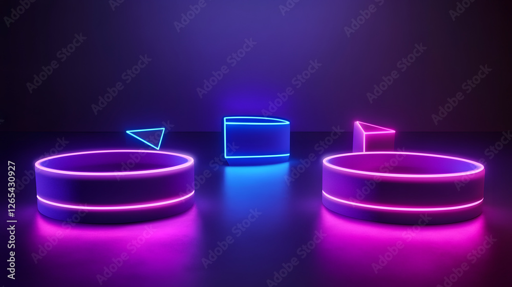 An abstract background with neon lights and geometric shapes creates an atmosphere of futuristic elegance
An abstract background with neon lights and geometric shapes creates an atmosphere of futuristic elegance