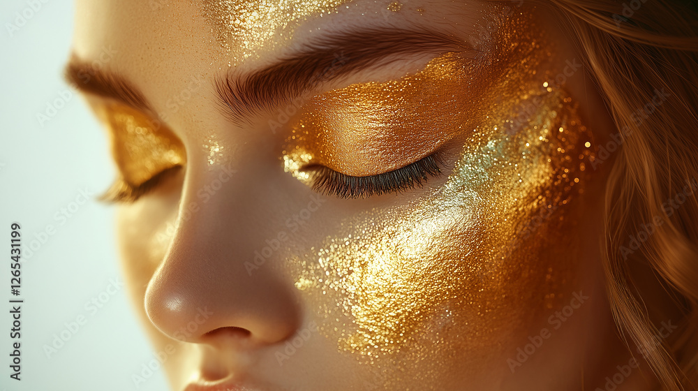 Close-Up of Woman’s Face with Gold Metallic Makeup and Textured Paint Close-Up of Woman’s Face with Gold Metallic Makeup and Textured Paint