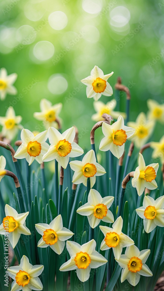 Fototapeta premium Vibrant yellow daffodils with green bokeh light, spring aesthetic. St David's Day, Women's Day, copy space