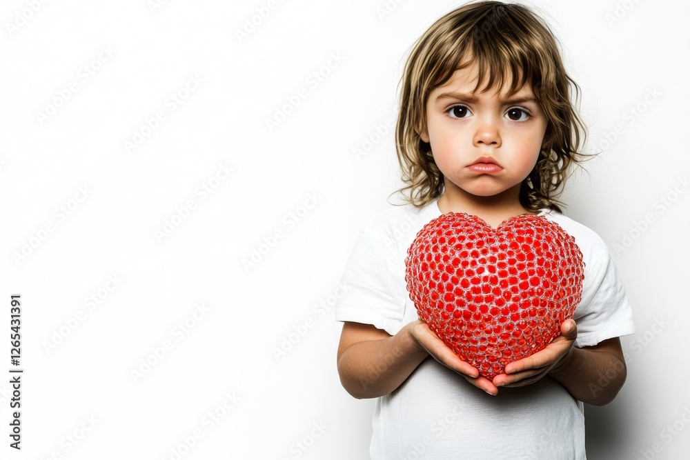 Сhildren valentine's day greeting card: toddler girl with miserable face holds red heart in hands. Commercial ad campaign conceptual art concept art. Sign of love. Heartwarming family moment. Сhildren valentine's day greeting card: toddler girl with miserable face holds red heart in hands. Commercial ad campaign conceptual art concept art. Sign of love. Heartwarming family moment.